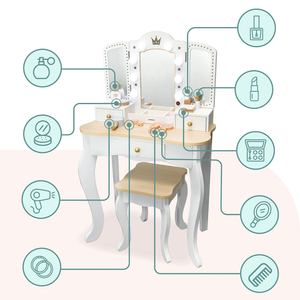 Tocador de madera XXL con taburete e iluminación LED para niños + accesorios