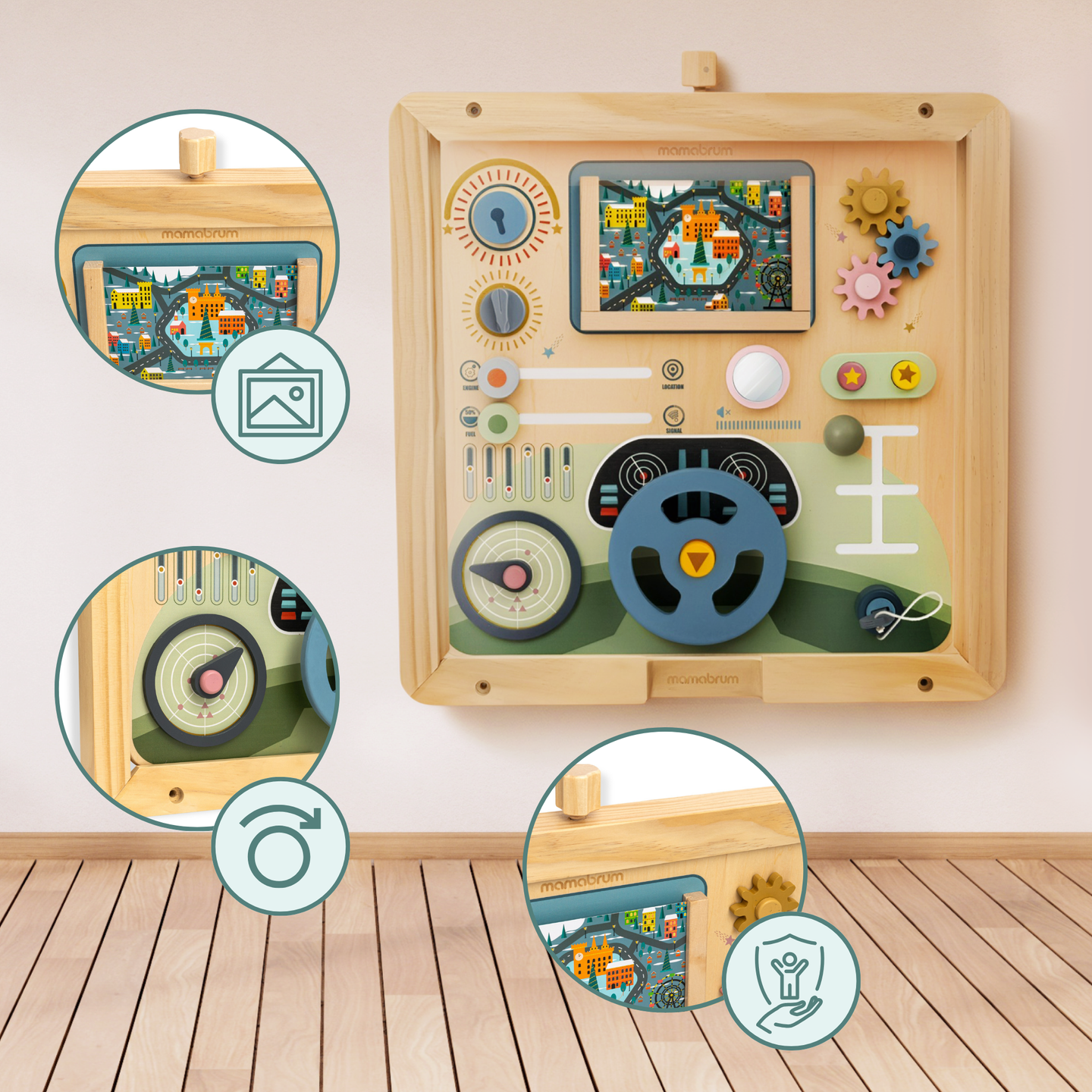Tablero Montessori de madera 2 en 1 para el pequeño conductor y piloto: volante, palanca de cambios, mapas de viaje, radar
