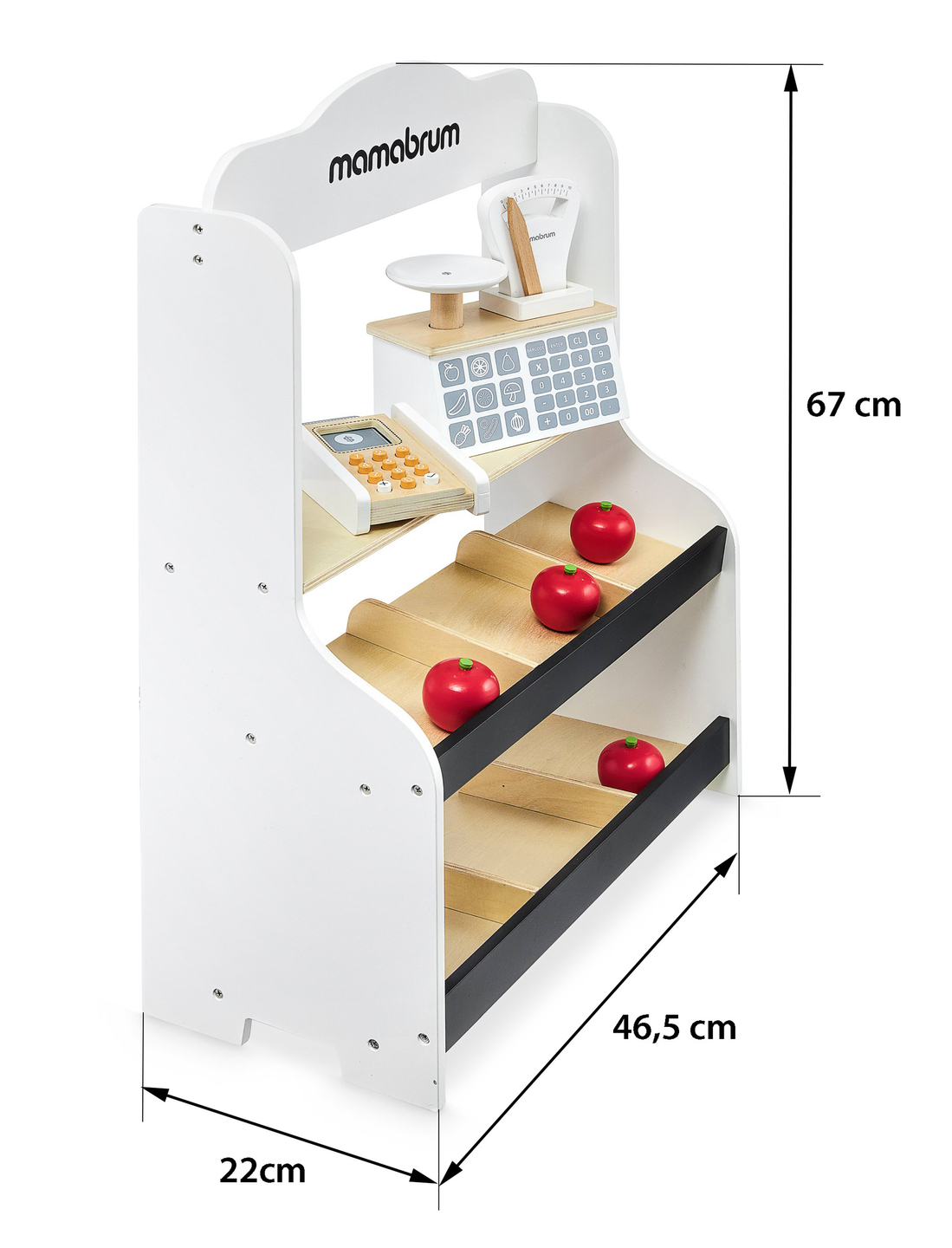 Minimercado: una tienda con báscula, terminal, tarjeta de pago y fruta.