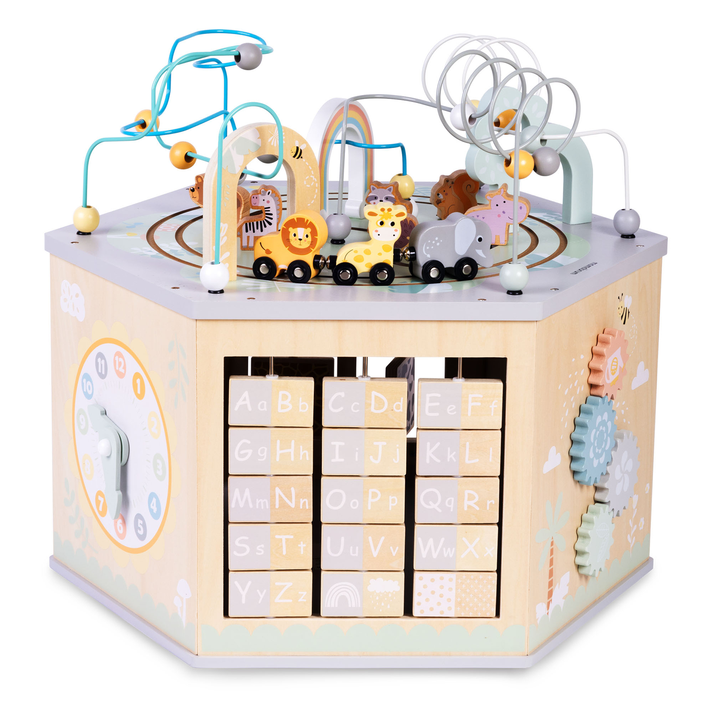 Cubo educativo de madera grande: un juguete Montessori con tren magnético y bucles de motor