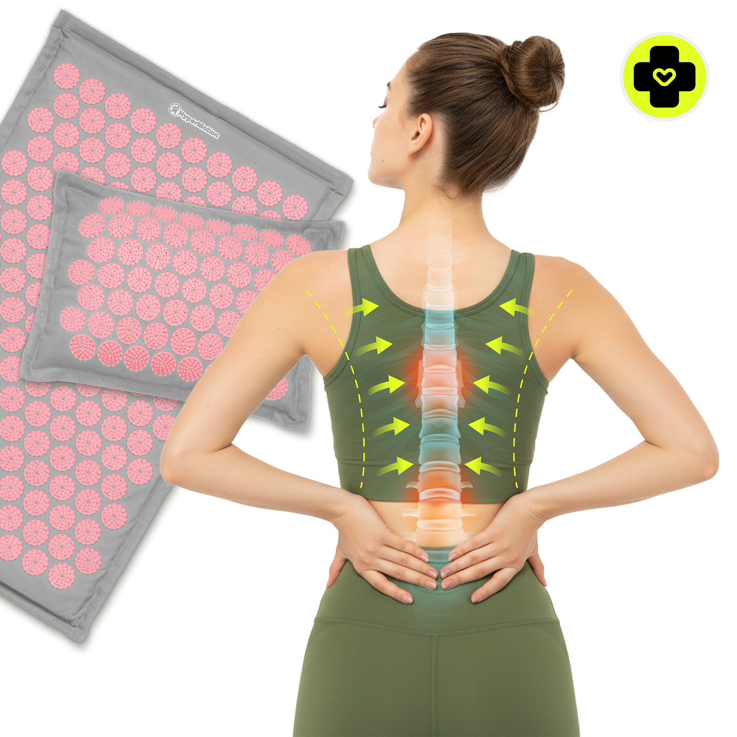 Esterilla de acupresión de lino ecológico con fibra de coco y cojín de trigo sarraceno – 68 cm HyperMotion gris y rosa