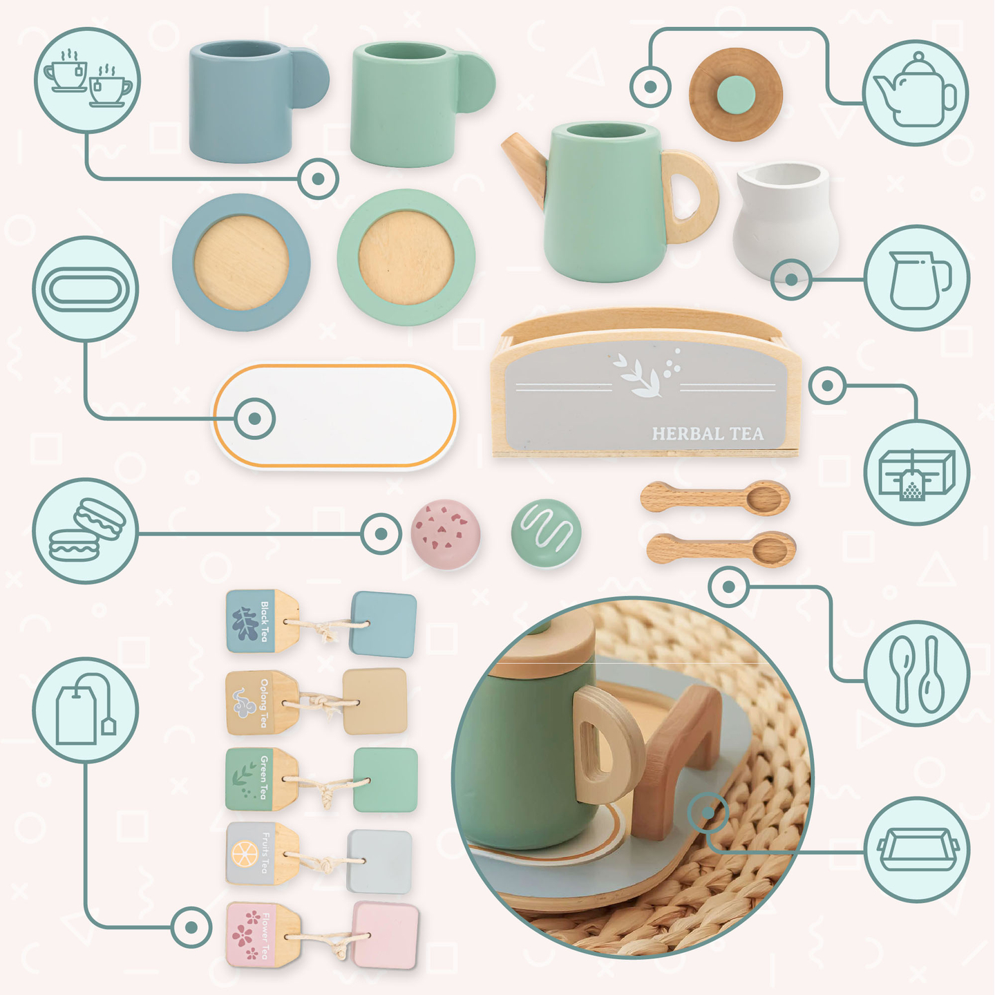 Juego de té grande de madera con bandeja - 18 unidades