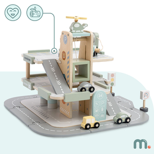 Garaje de madera de tres plantas para niños con accesorios: aparcamiento, gasolinera, lavadero de coches, helicóptero.