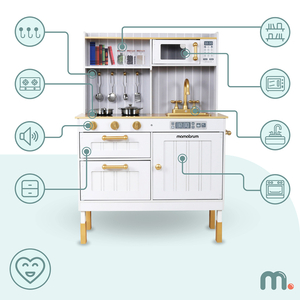 Cocina blanca de madera con accesorios y delantal