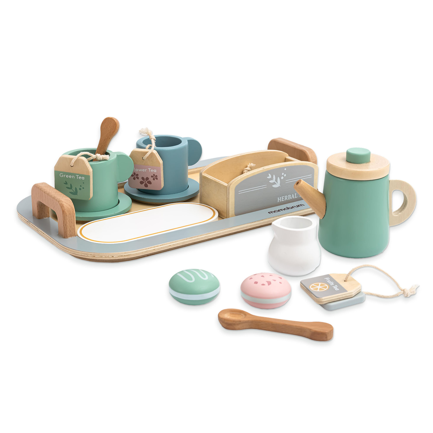 Juego de té grande de madera con bandeja - 18 unidades