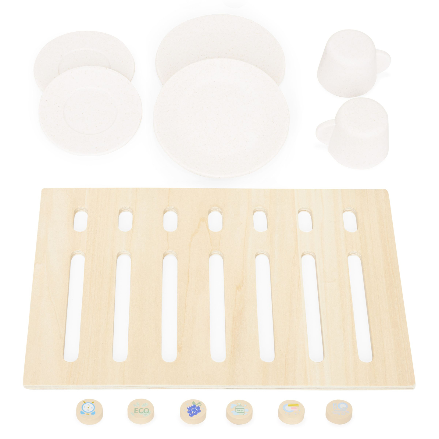 Lavavajillas de madera con accesorios.