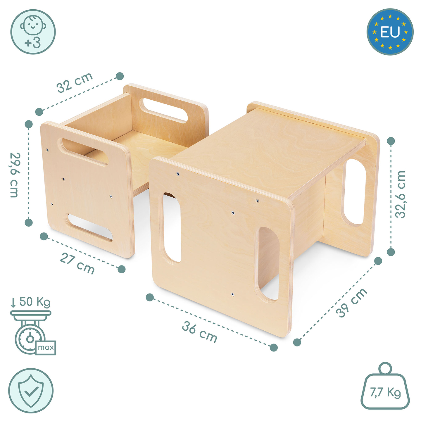 Mesa y silla de madera con función de trampolín: un conjunto Montessori multifuncional para niños
