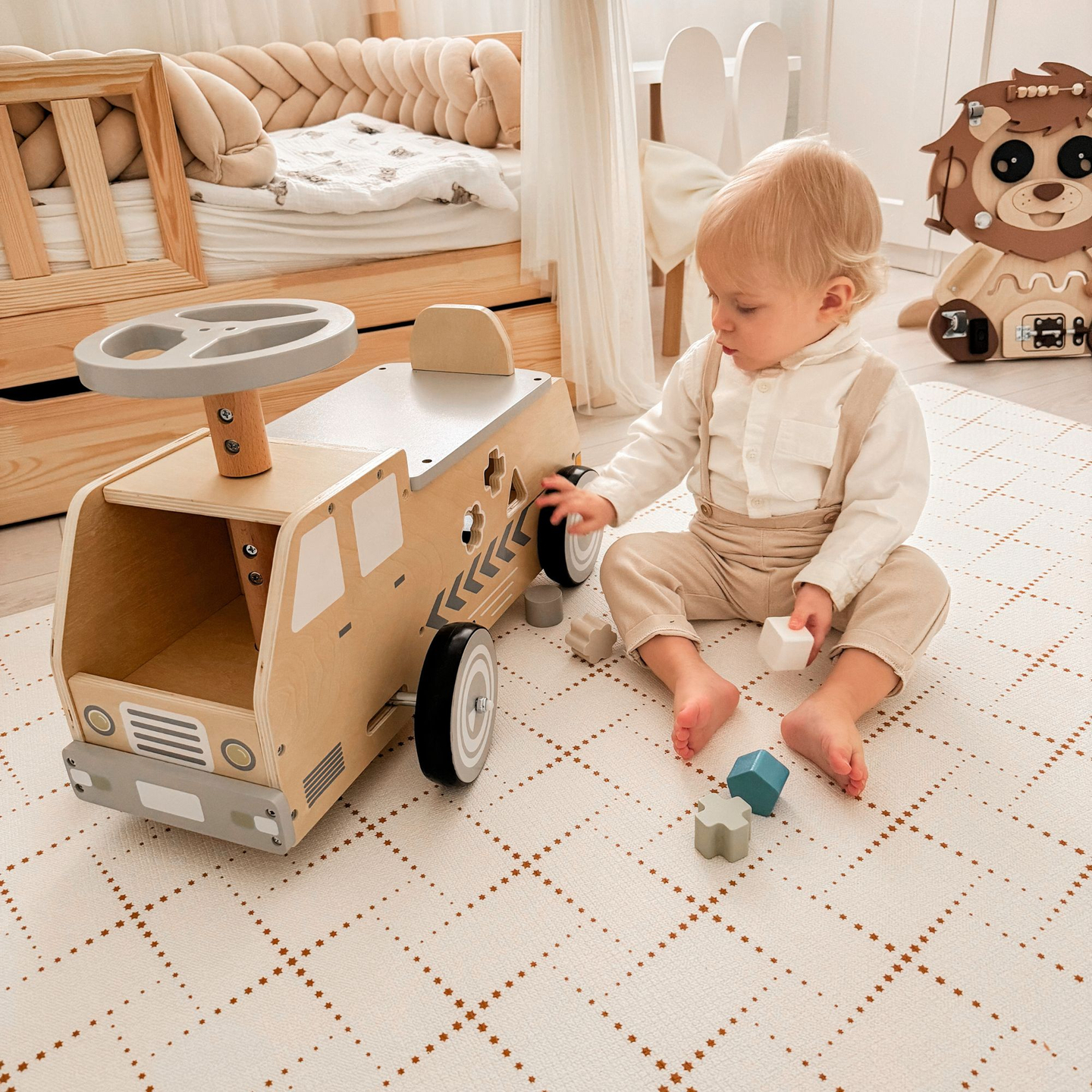 Correpasillos de madera, coche, coche de juguete con bloques