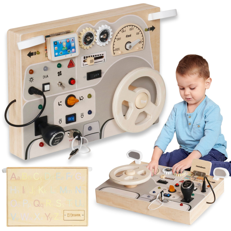 Tablero de juego de madera Montessori para niños pequeños - salpicadero de coche