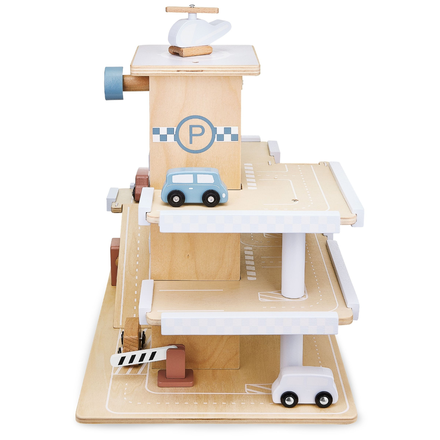 Estacionamiento de madera de tres niveles con ascensor - garaje para autos y helicóptero