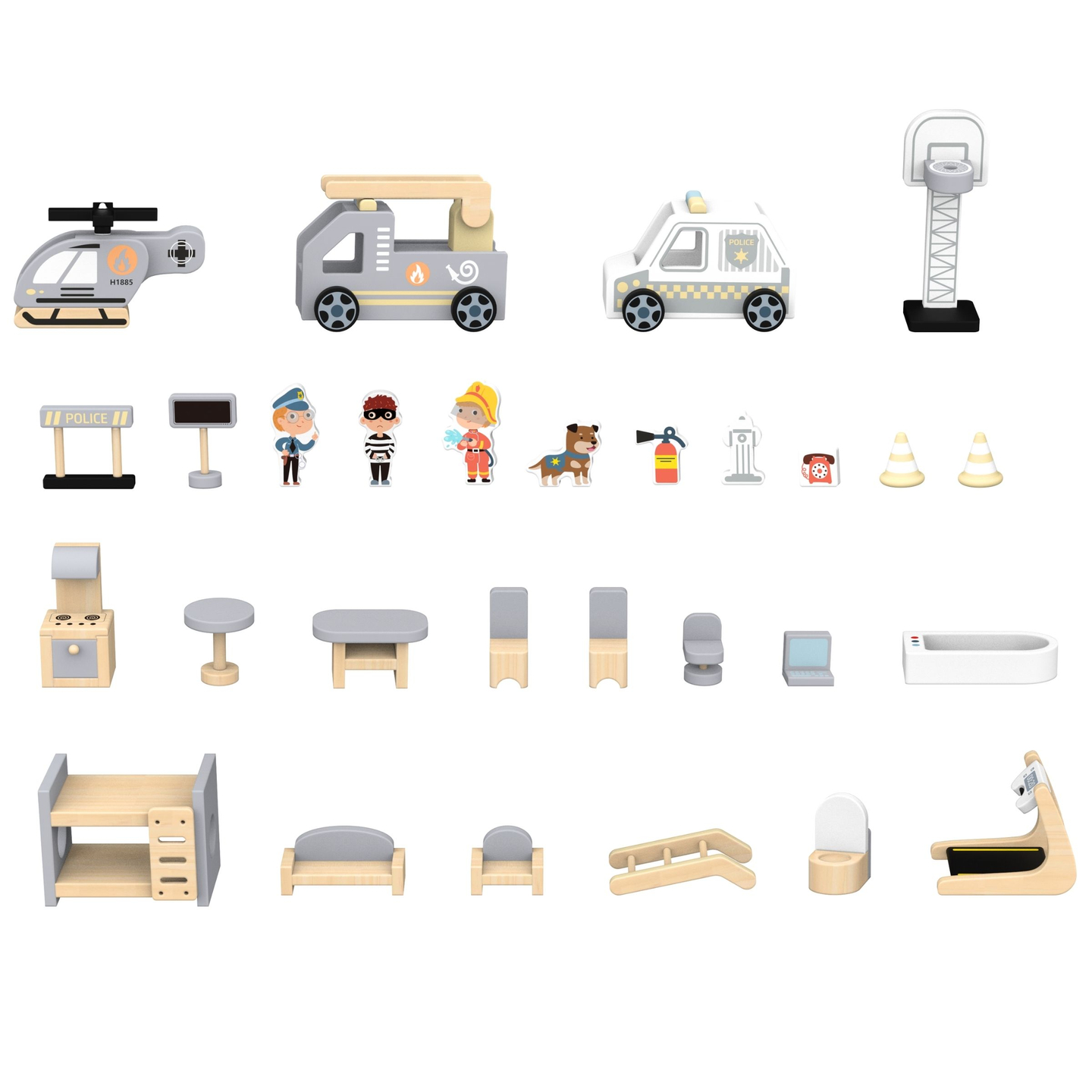 Gran parque de bomberos plegable con comisaría de policía - juego de madera. Bomberos y comisaría de policía con accesorios.