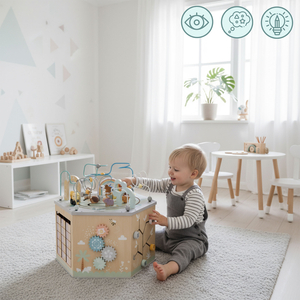 Cubo educativo de madera grande: un juguete Montessori con tren magnético y bucles de motor