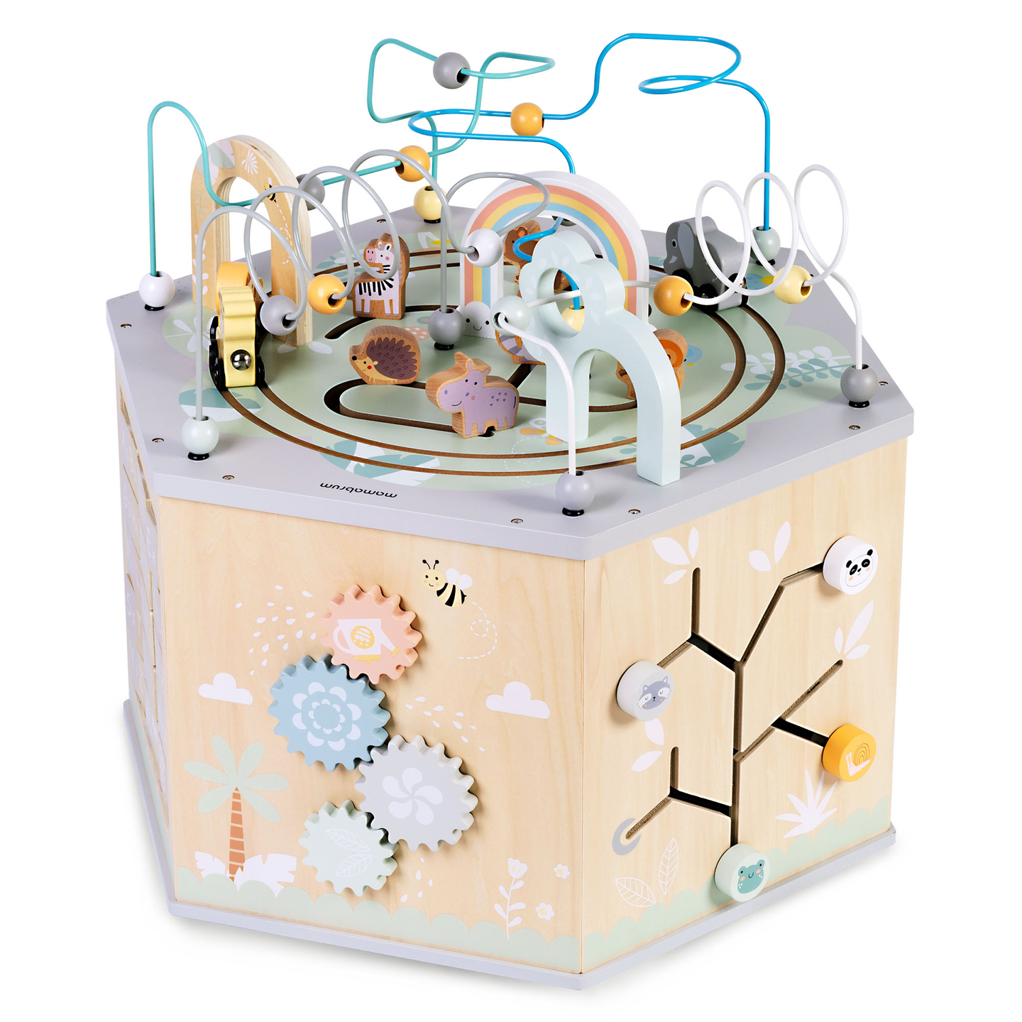 Cubo educativo de madera grande: un juguete Montessori con tren magnético y bucles de motor