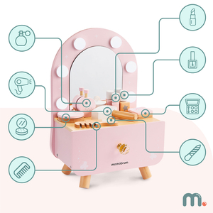 Mini tocador de madera para niños con accesorios e iluminación LED con ajuste suave de brillo.