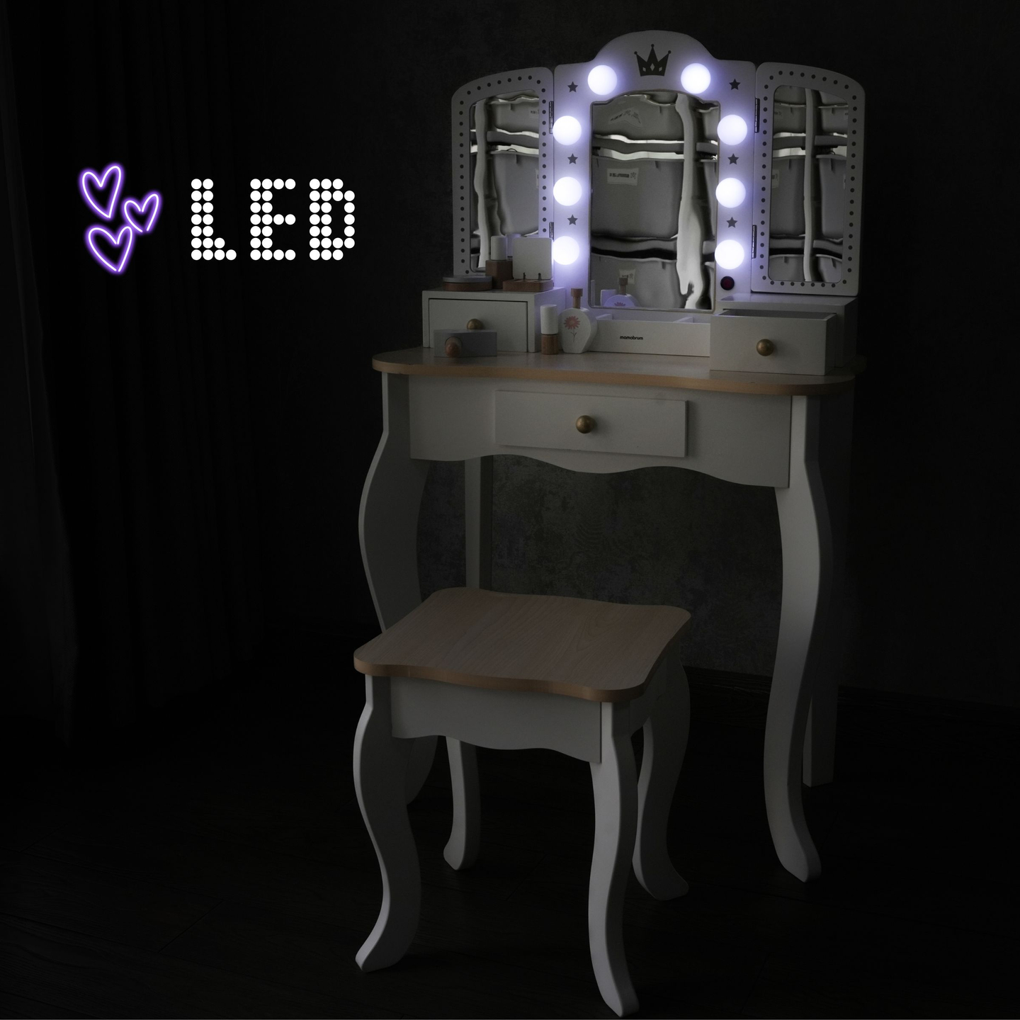 Tocador de madera XXL con taburete e iluminación LED para niños + accesorios