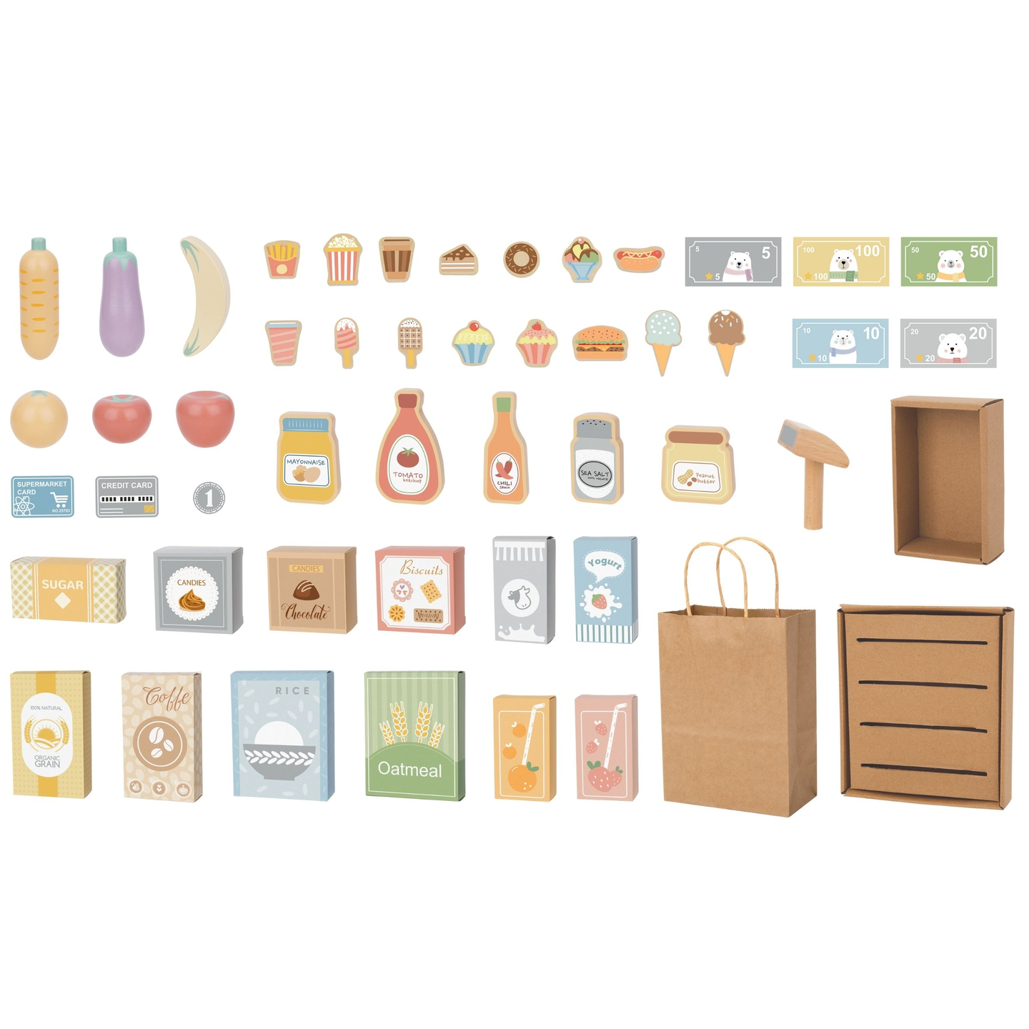 Tienda de comestibles de madera: un gran puesto XXL, una tienda con una caja registradora de juguete