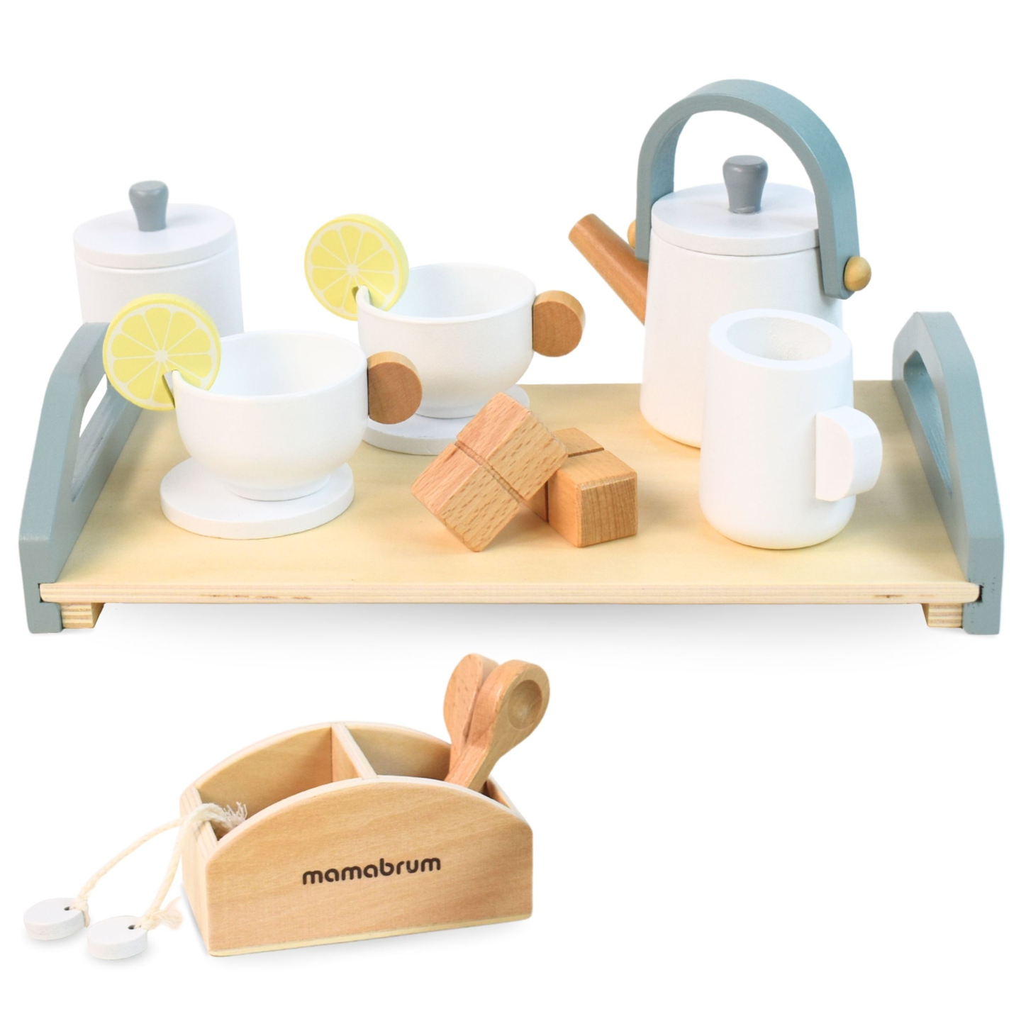 Juego de té grande de madera con bandeja - 17 elementos