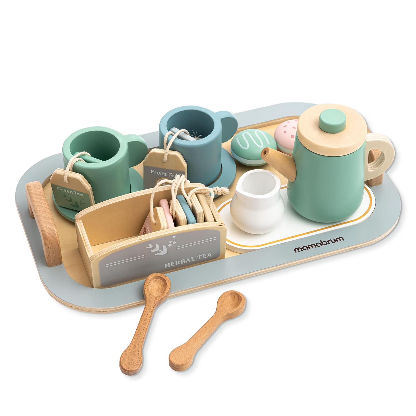 Juego de té grande de madera con bandeja - 18 unidades