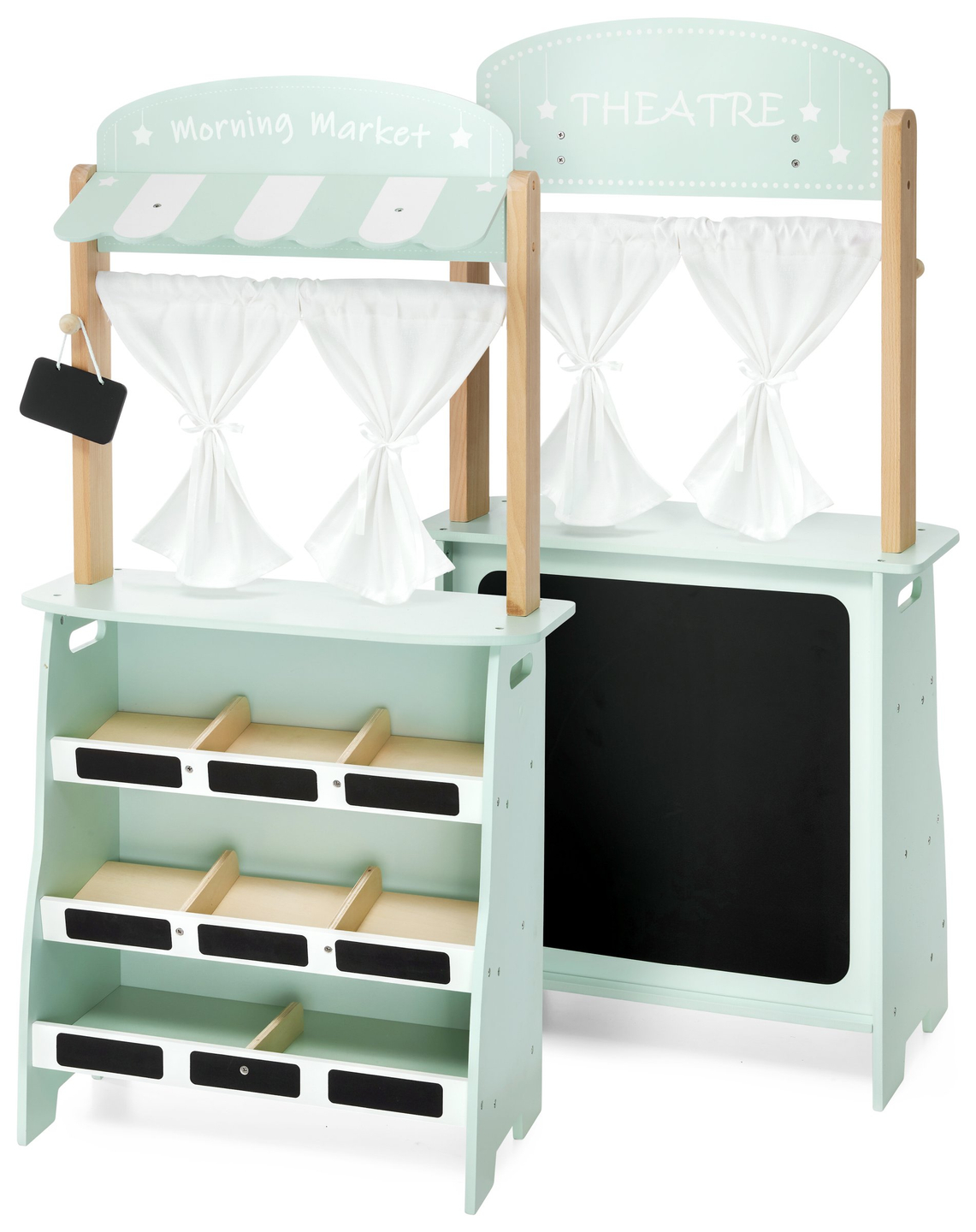 Gran tienda de madera - puesto y teatro 2en1 con báscula, terminal de pago, verduras y frutas