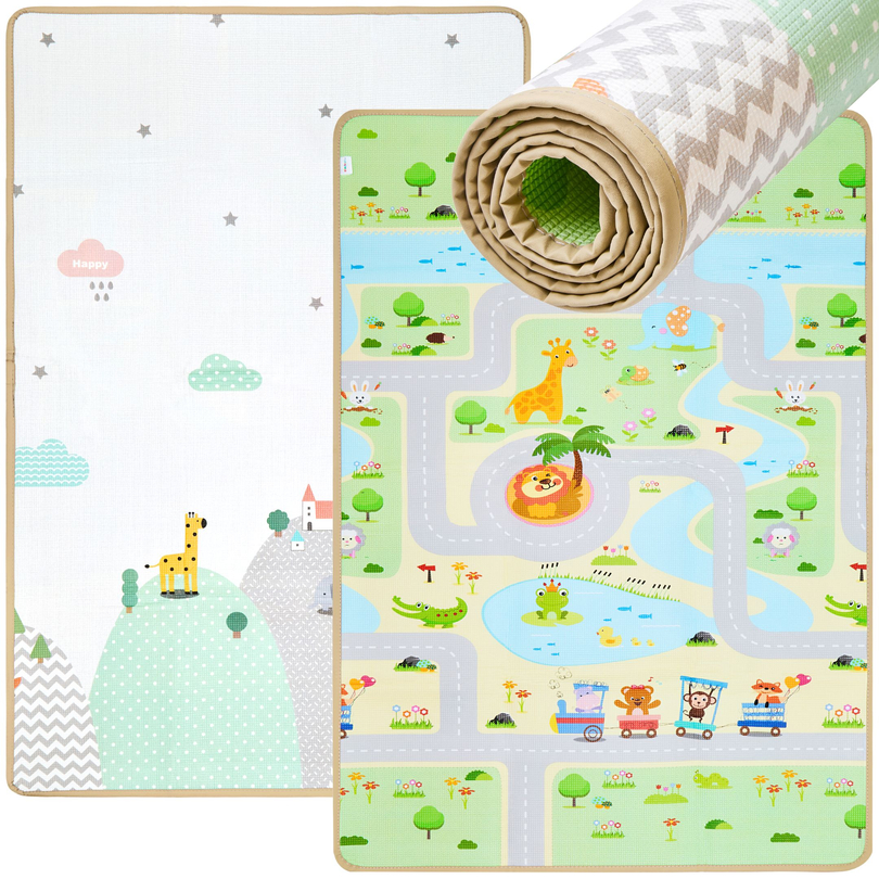 Alfombra de espuma de doble cara - bosque en una colina / ciudad soleada - 180x120x0,5cm