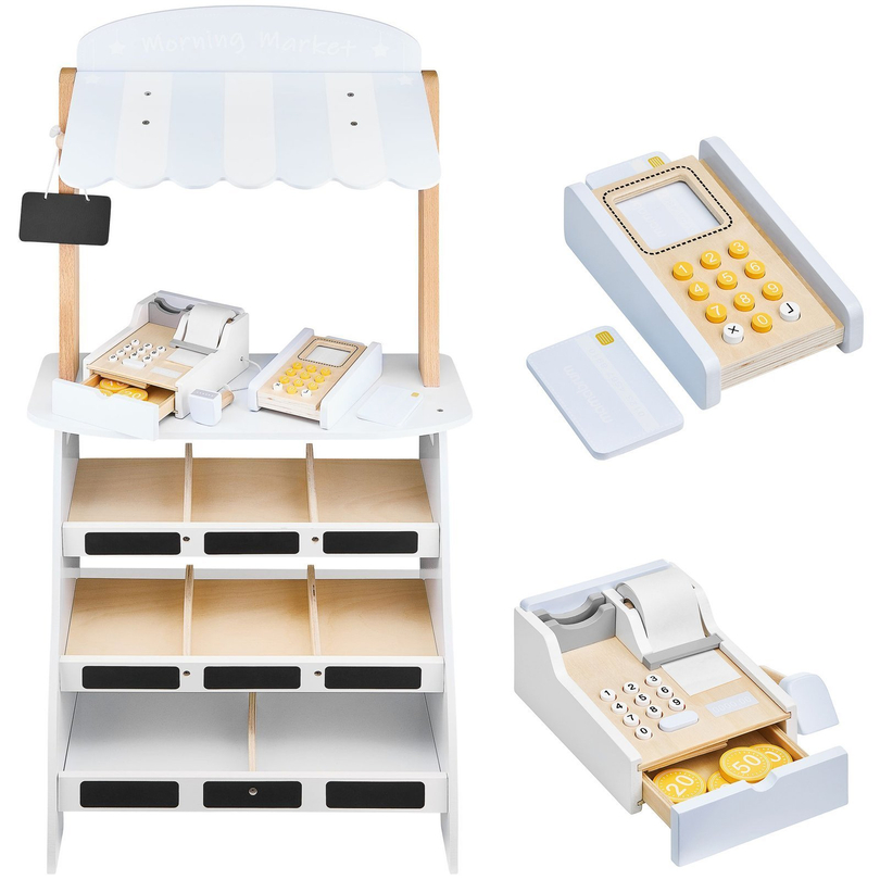 Tienda de comestibles: un puesto de madera con cajas, una caja registradora y una terminal