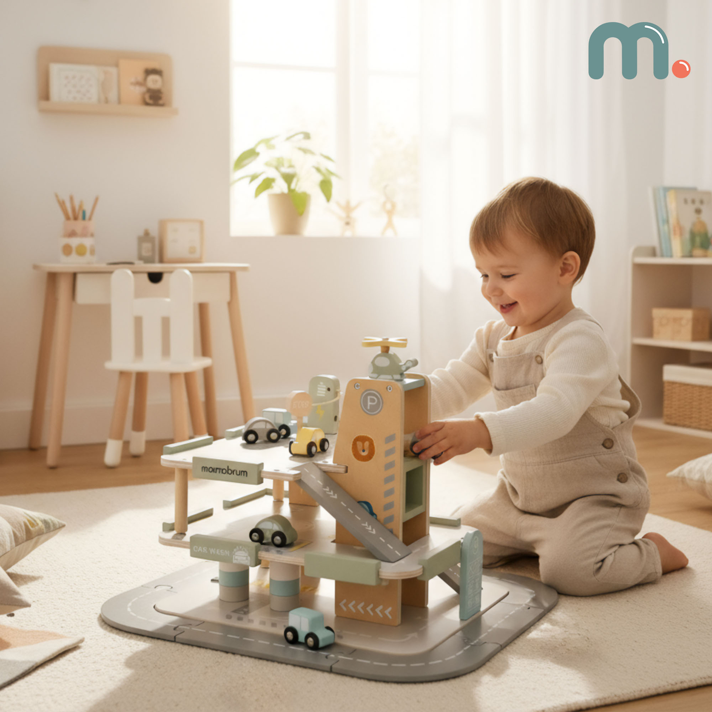 Garaje de madera de tres plantas para niños con accesorios: aparcamiento, gasolinera, lavadero de coches, helicóptero.