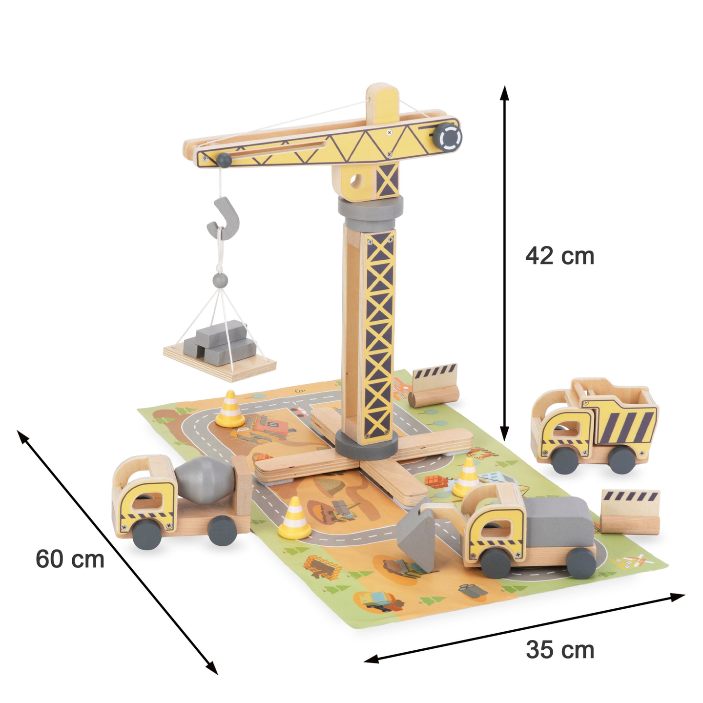 Sitio de construcción de madera con grandes grúas móviles y vehículos, grúa torre