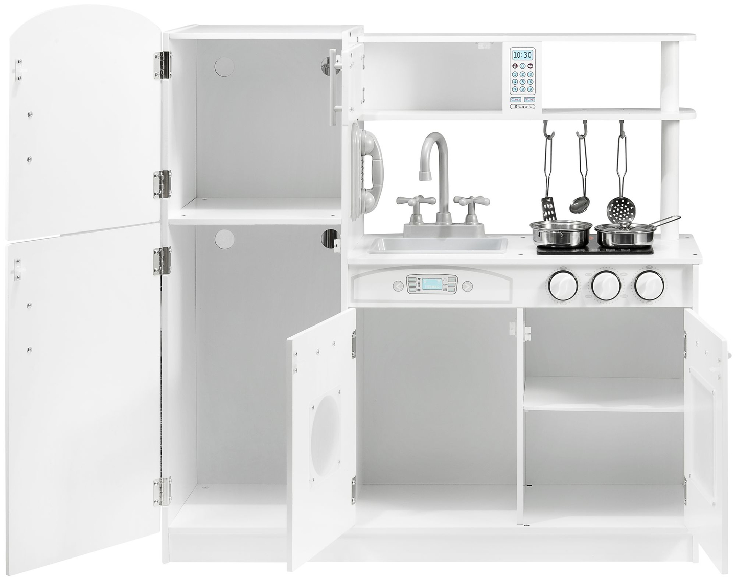 Grandes accesorios de cocina blancos de madera y delantal.