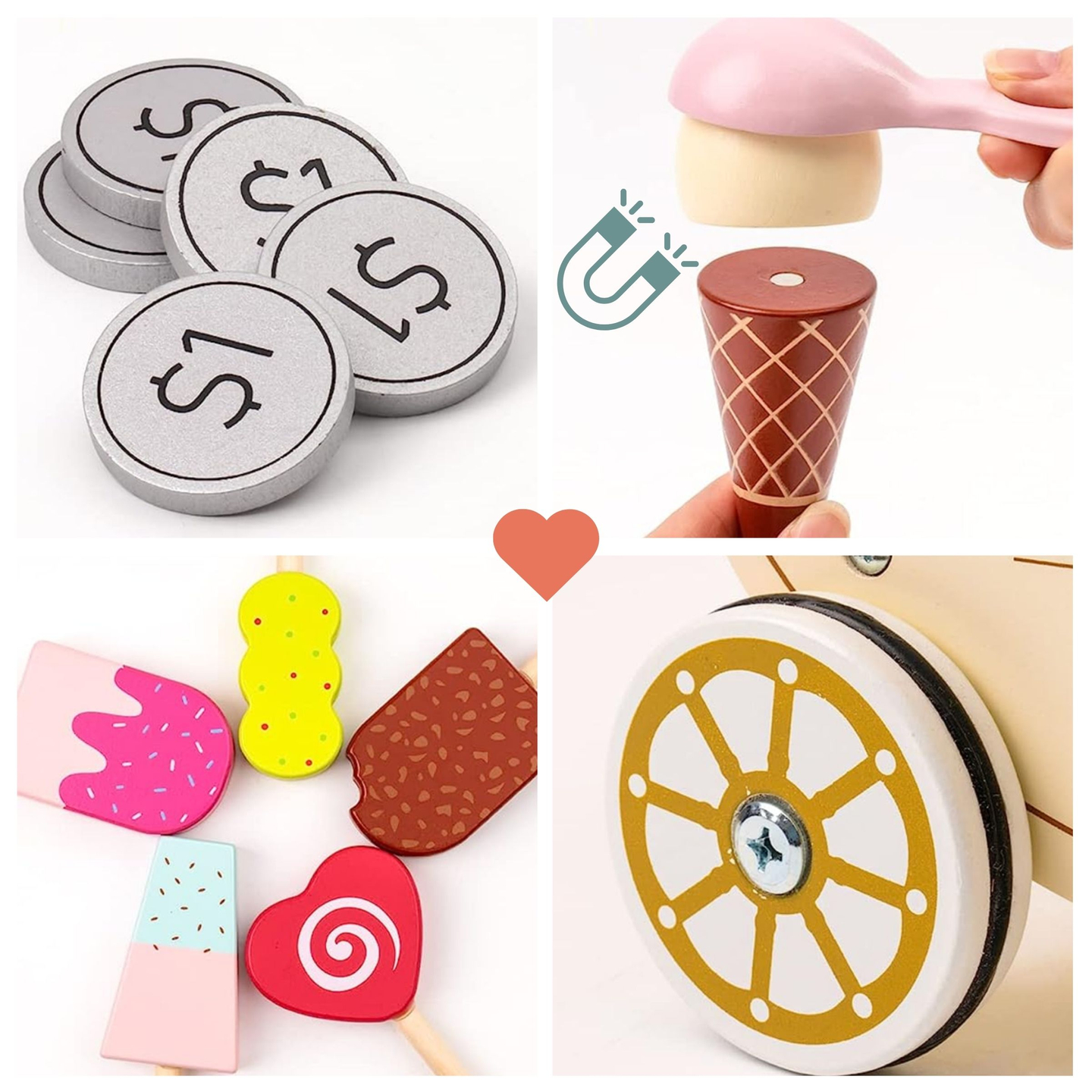 Heladería de madera para niños - carrito con ruedas con accesorios