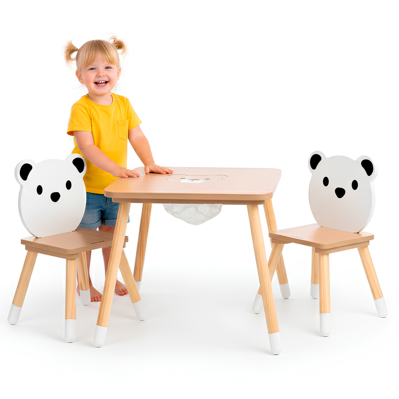 Mesa de madera con almacenaje y 2 sillas Conjunto infantil - Lindo Osito de Peluche