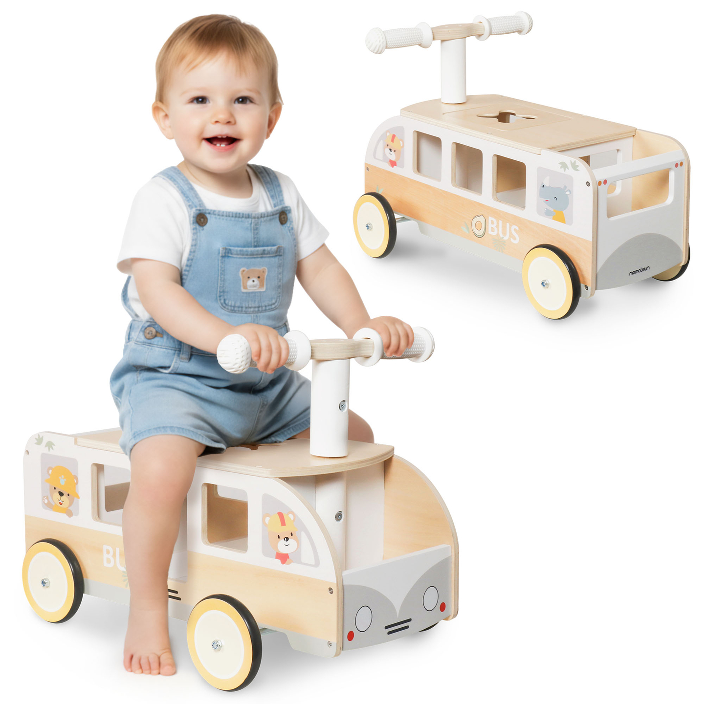 Autobús de madera para niños - Autobús con compartimentos de almacenamiento y espacio para peluches