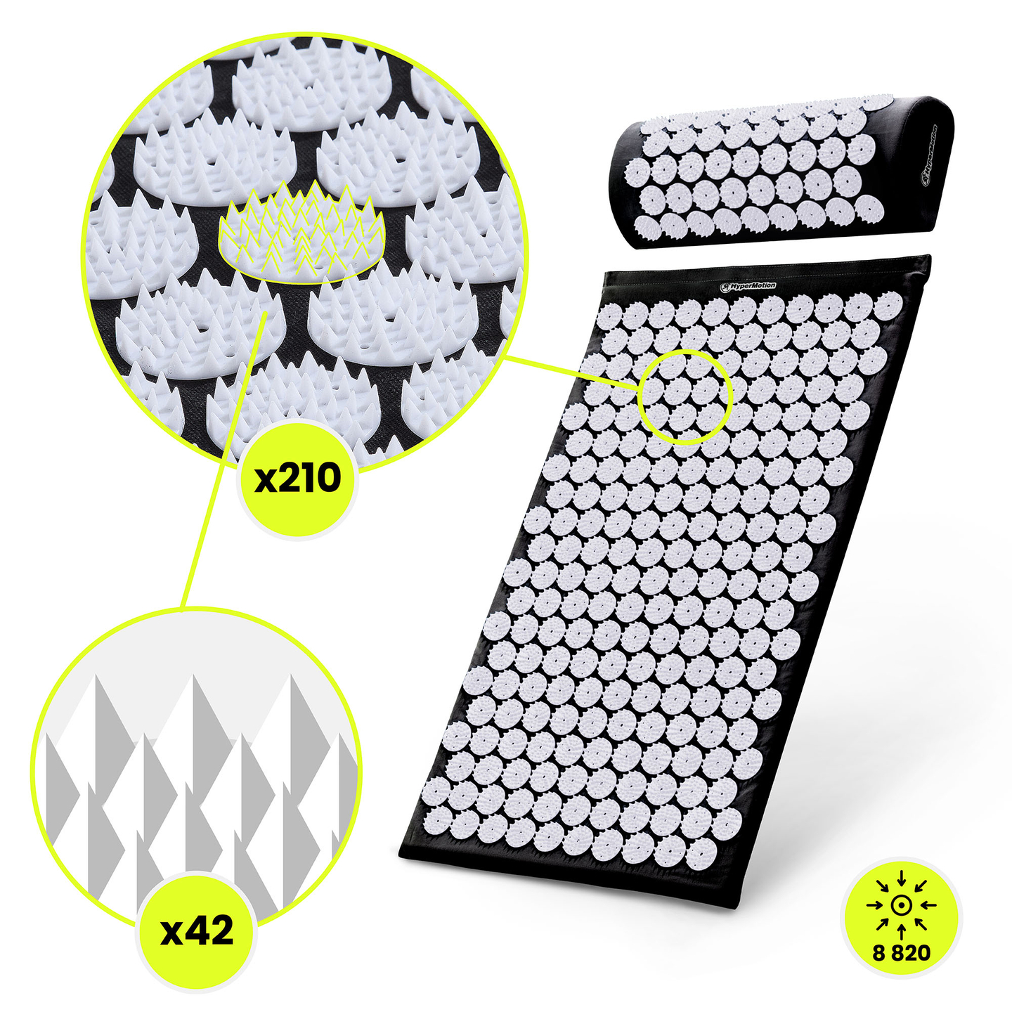 Esterilla de acupresión con almohada y funda - 72 cm HyperMotion blanco y negro