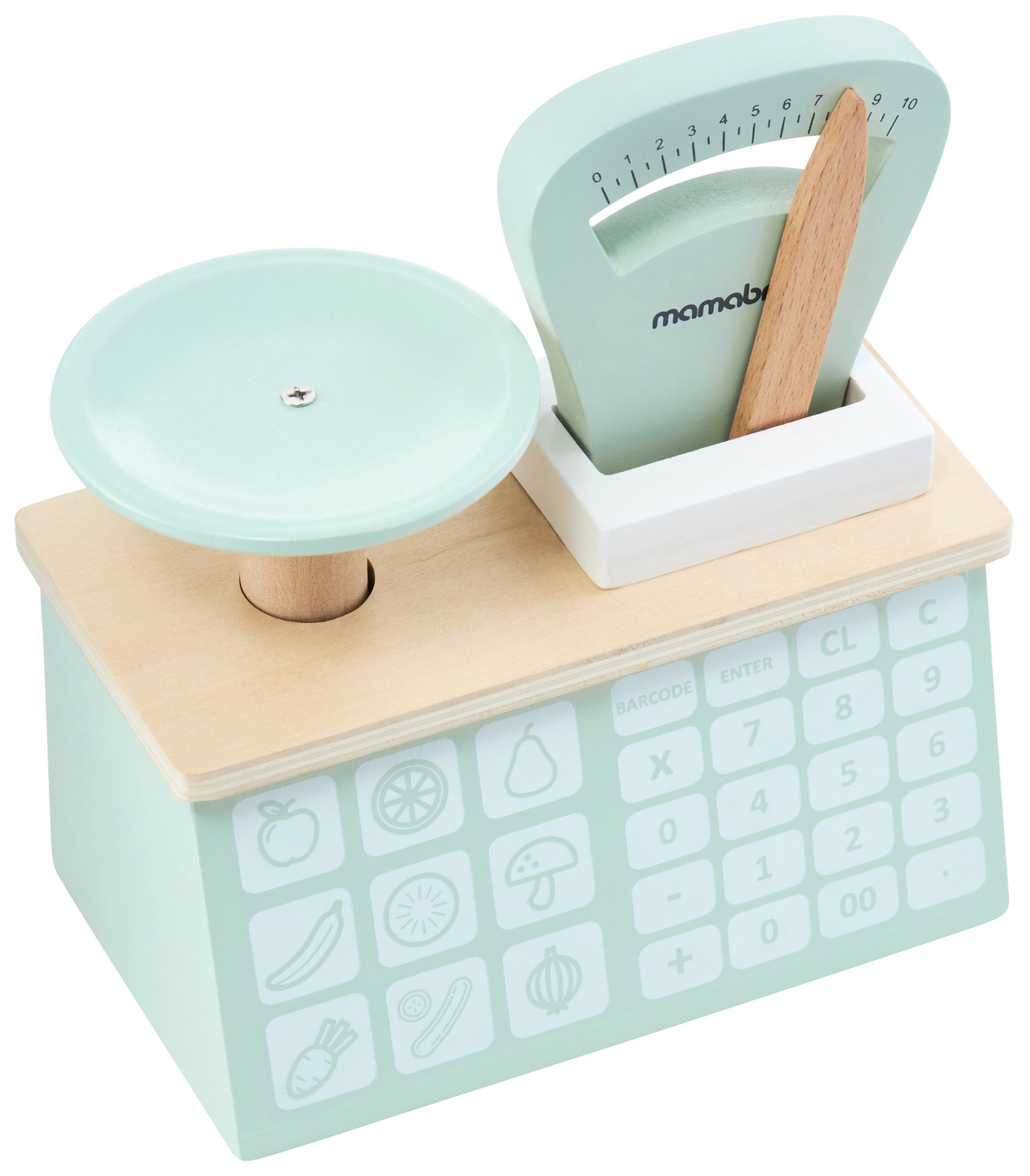 Gran tienda de madera - puesto y teatro 2en1 con báscula, terminal de pago, verduras y frutas