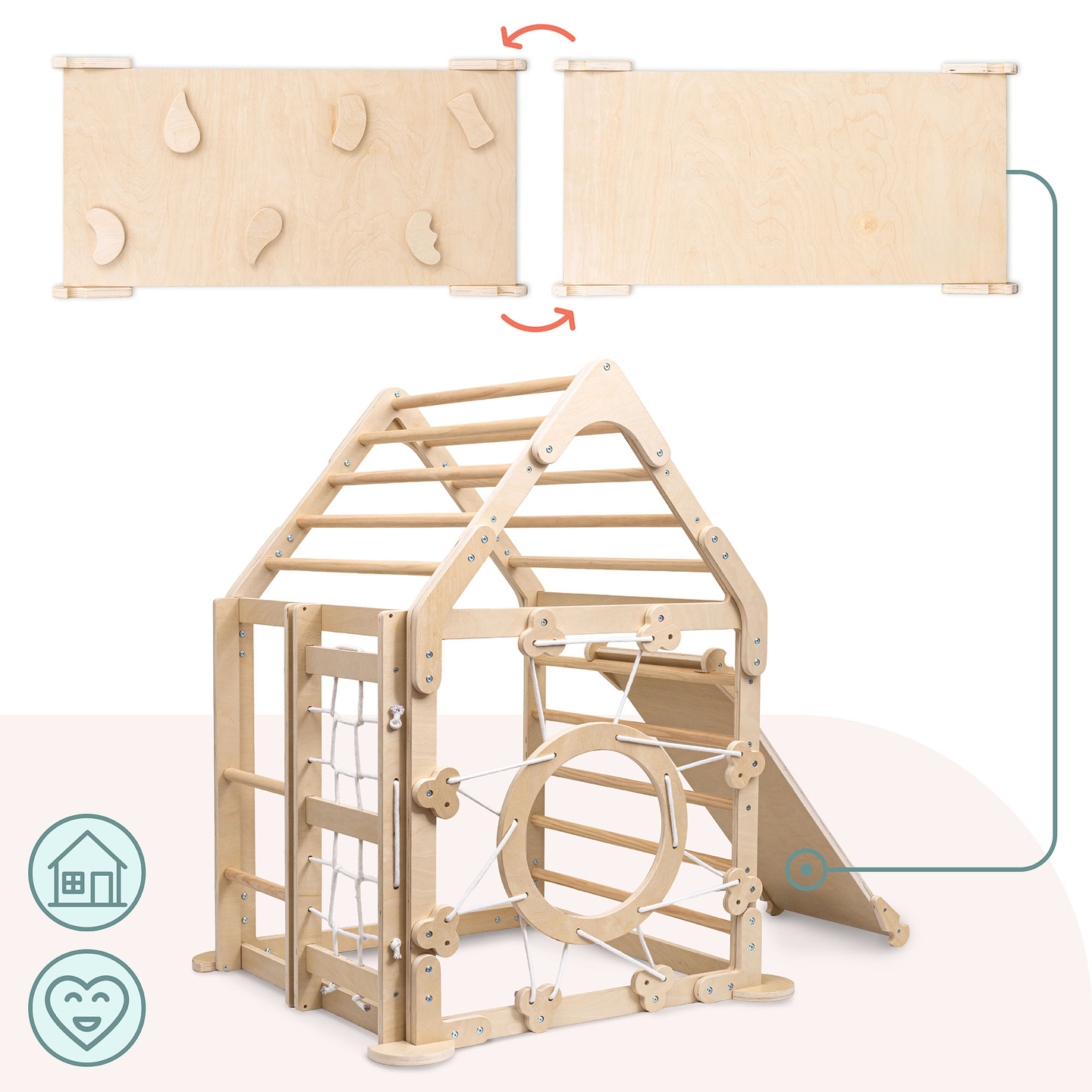 Parque infantil interior de madera: una casa con escaleras y tobogán.