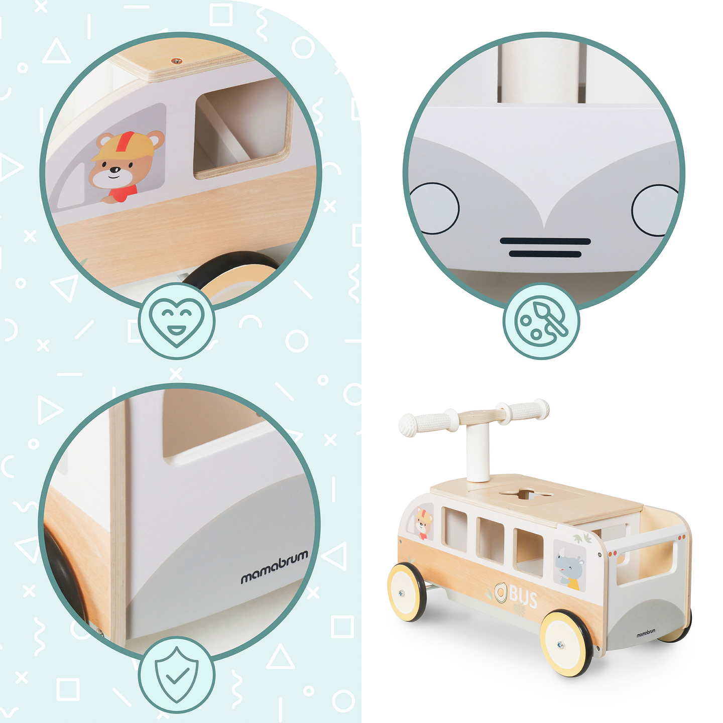 Autobús de madera para niños - Autobús con compartimentos de almacenamiento y espacio para peluches
