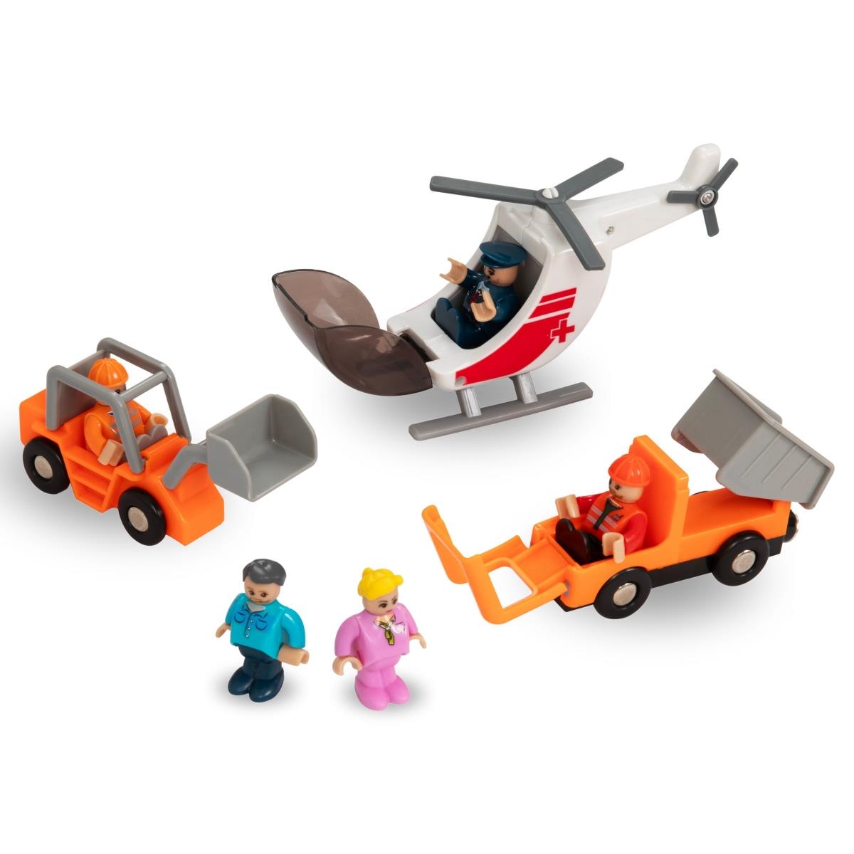 Ferrocarril de madera, tren de baterías - Ciudad: vías, coches, puente, aeropuerto