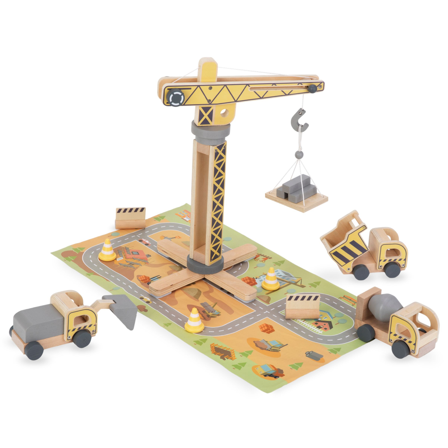 Sitio de construcción de madera con grandes grúas móviles y vehículos, grúa torre