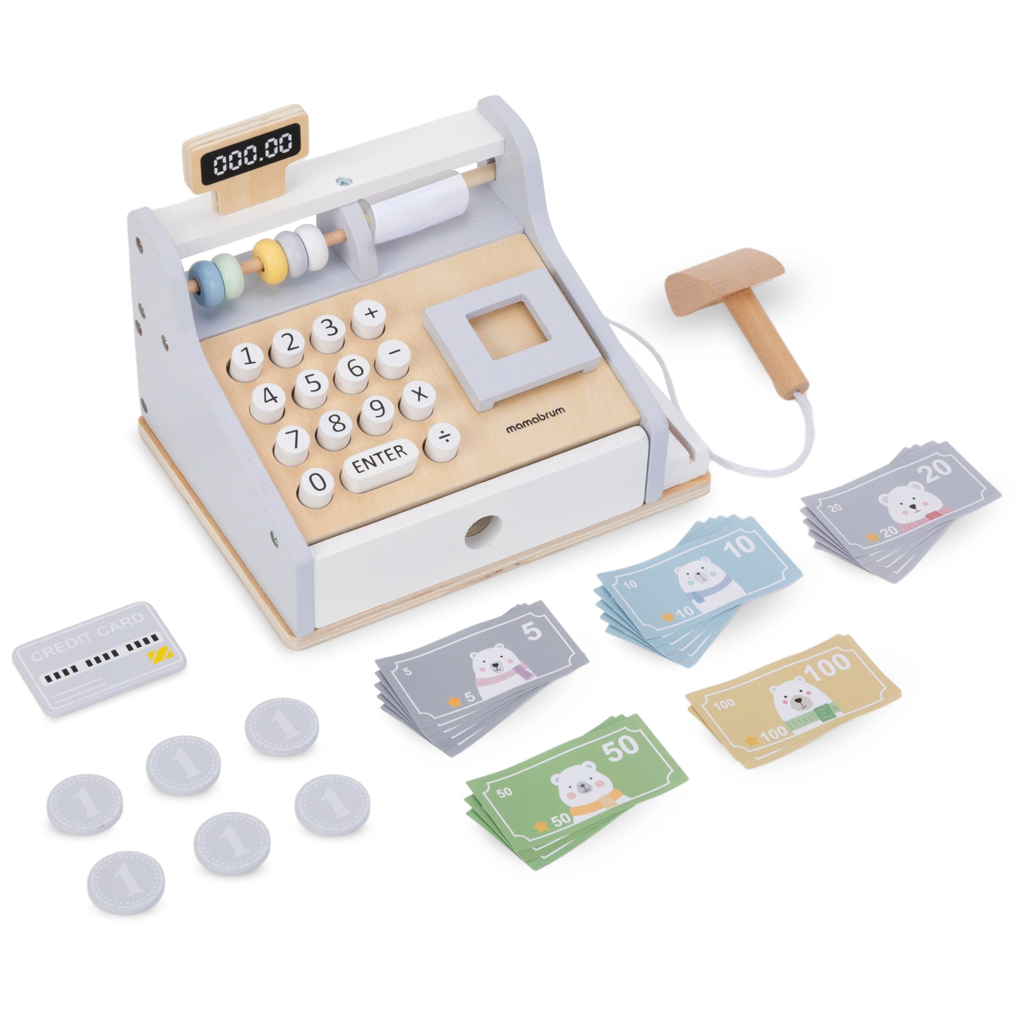 Caja registradora de madera con accesorios.