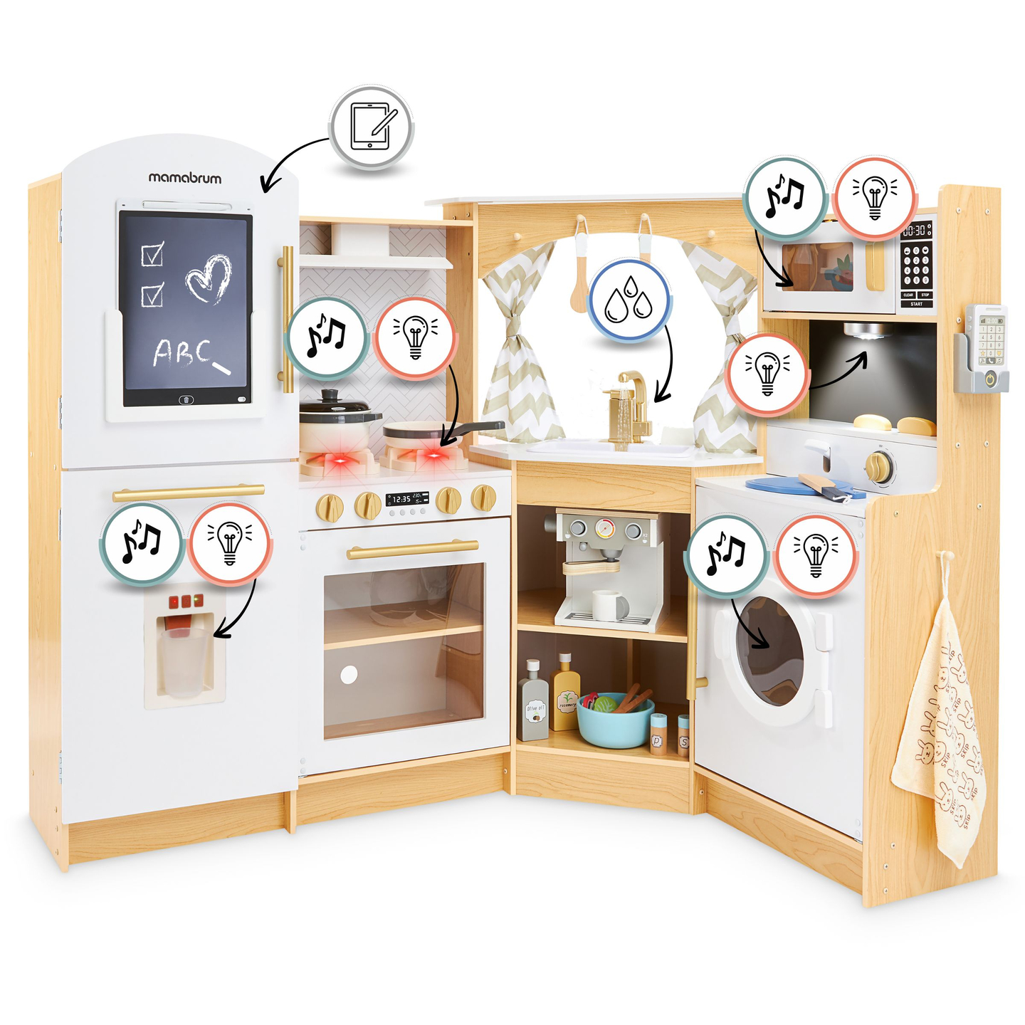 XXXXL gran cocina interactiva de madera con iluminación LED, lavadora microondas cafetera y juego de frutas y verduras - 50 elementos