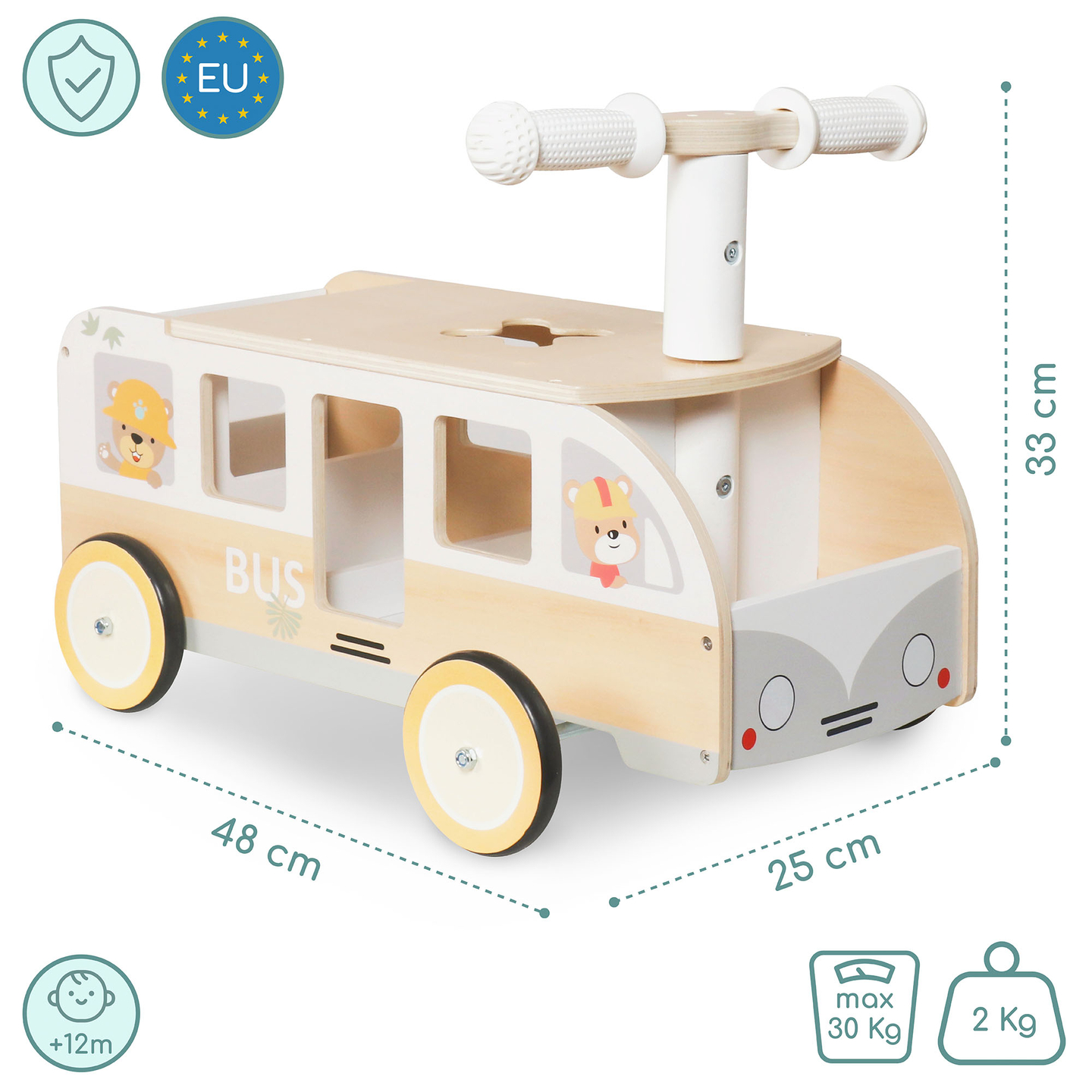 Autobús de madera para niños - Autobús con compartimentos de almacenamiento y espacio para peluches