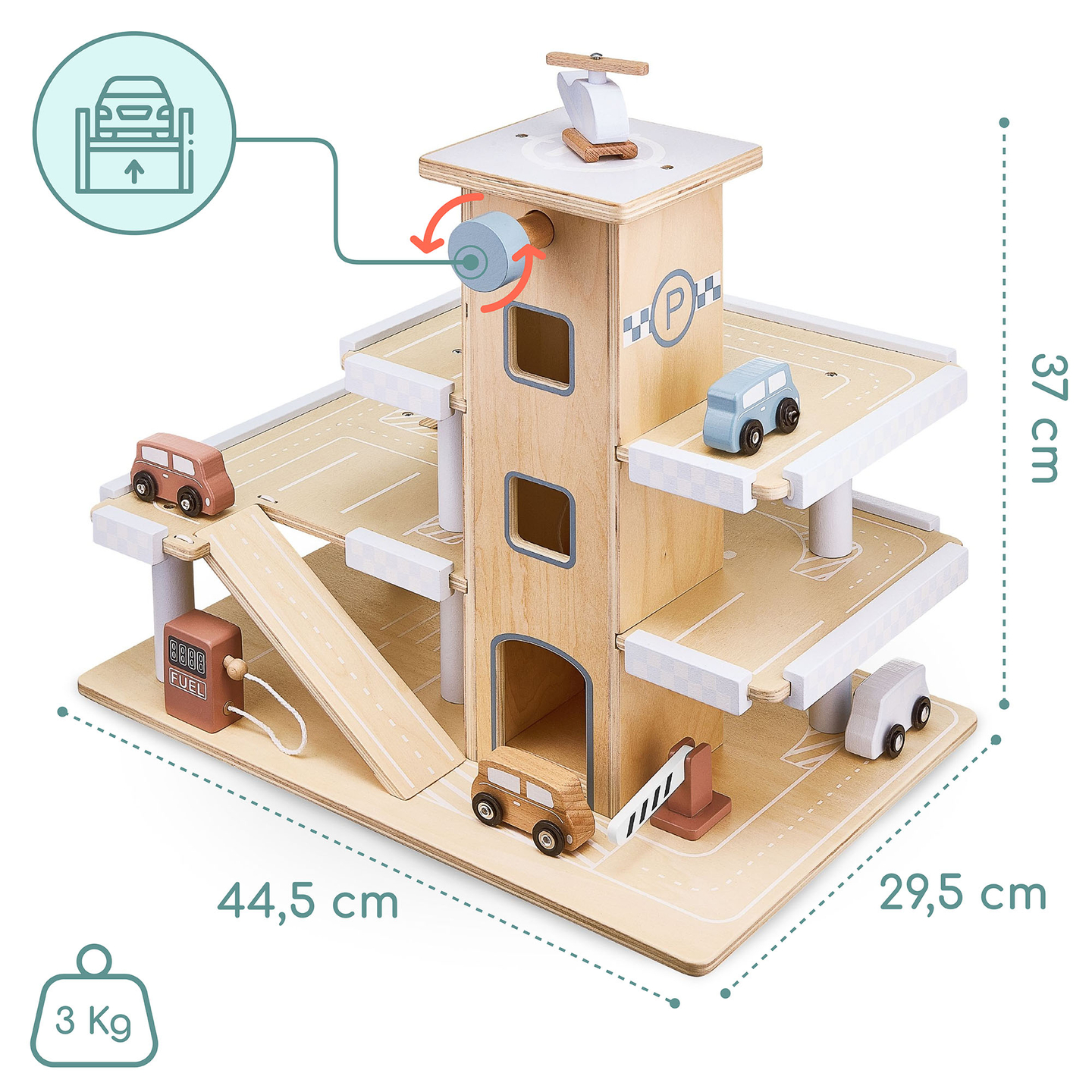 Estacionamiento de madera de tres niveles con ascensor - garaje para autos y helicóptero