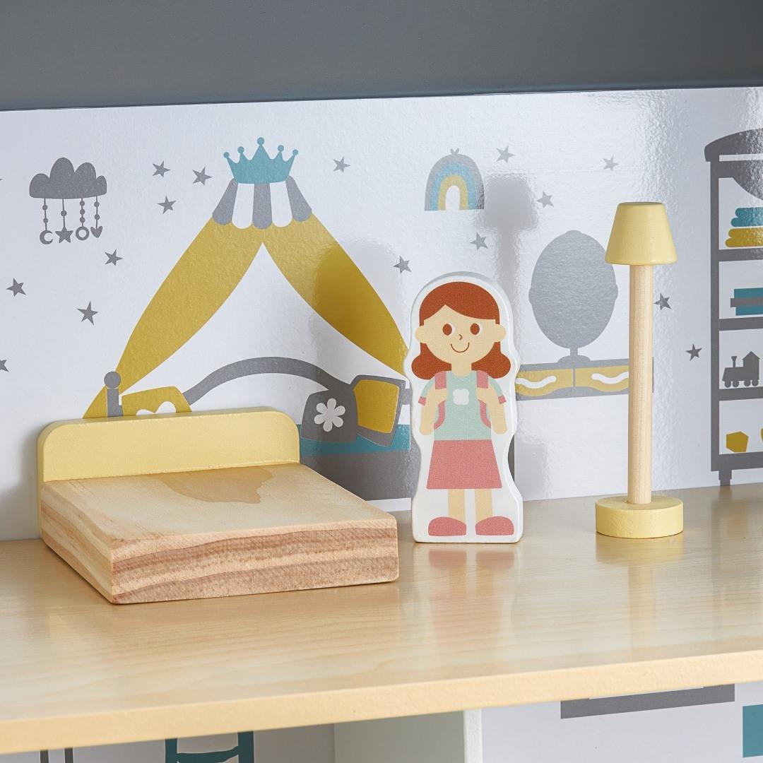 Casa de muñecas de madera blanca con terraza y accesorios