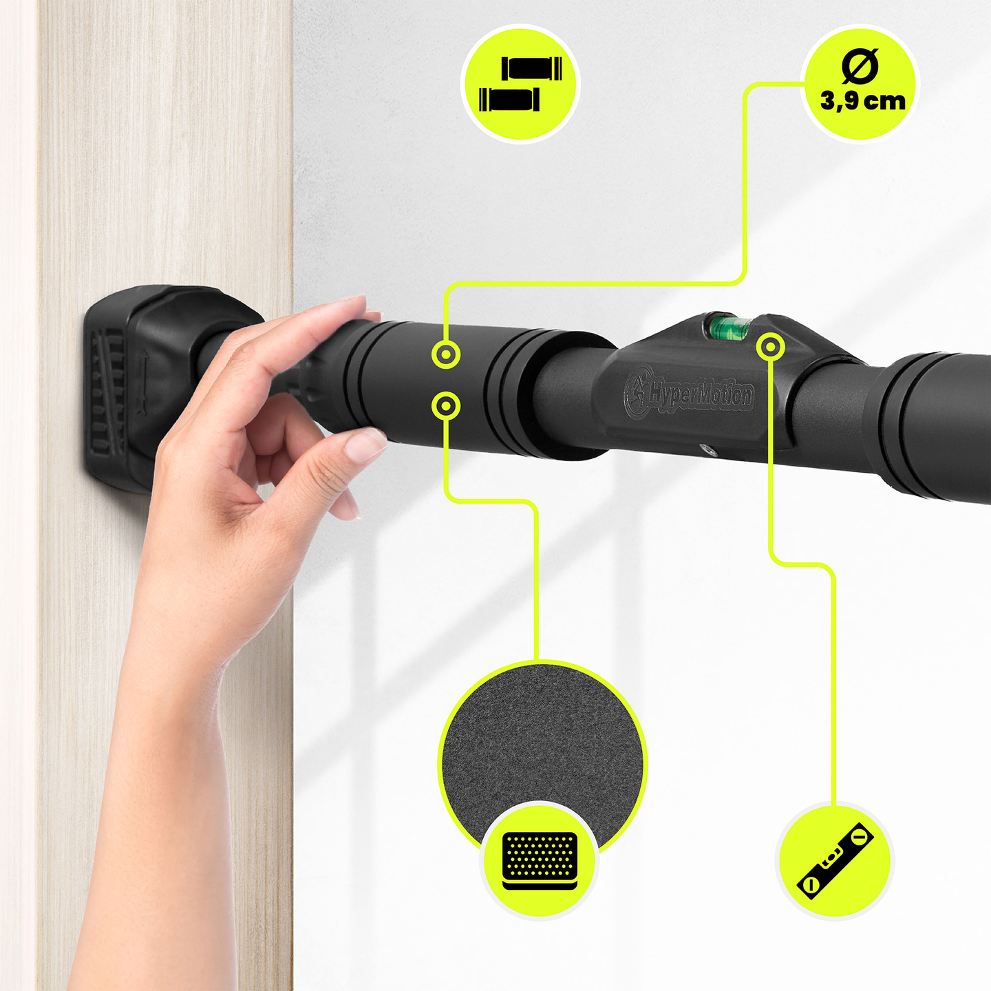 Barra de dominadas ajustable HyperMotion 74-100 cm, 200 kg, negra