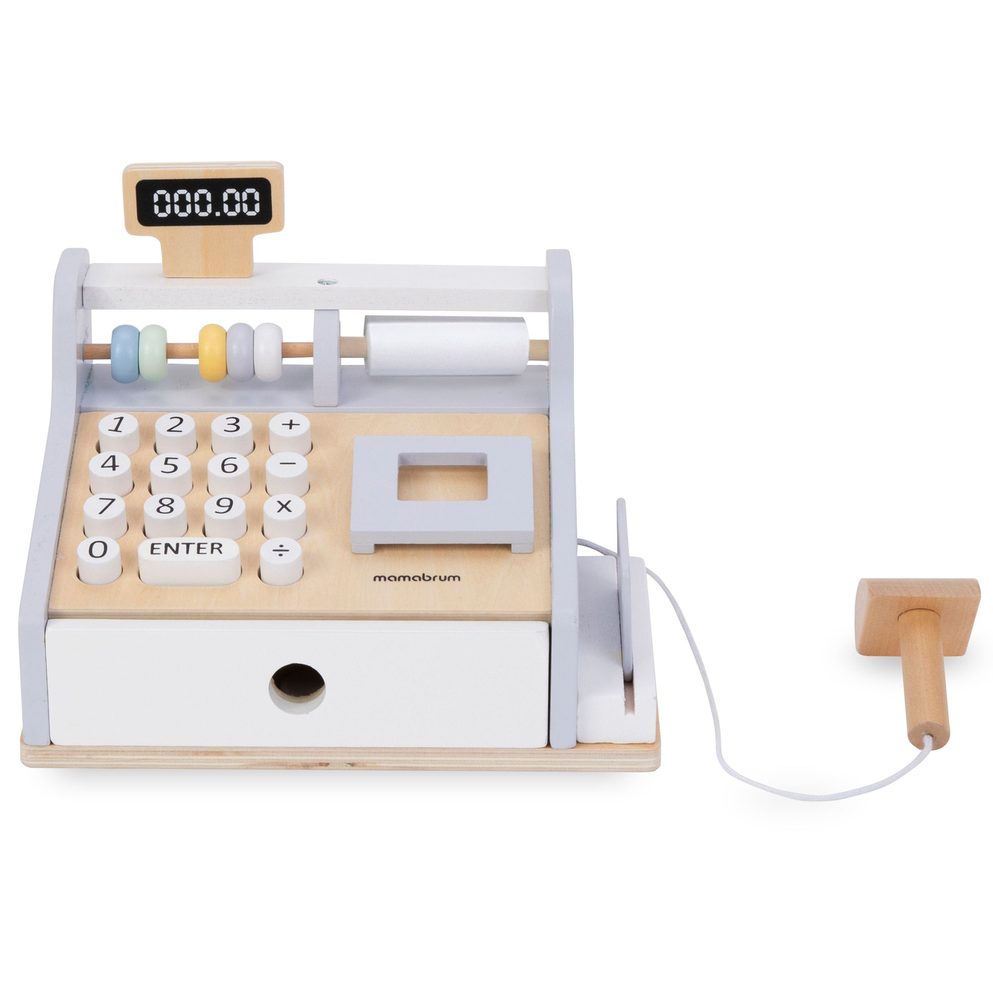 Caja registradora de madera con accesorios.