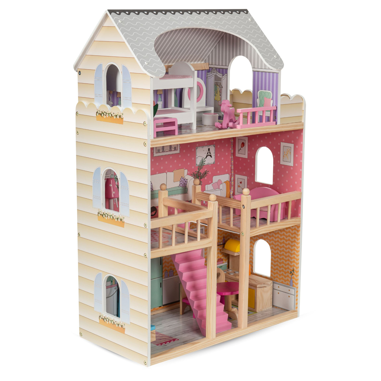 ¡Gran casa de muñecas de madera de 3 pisos con terraza, juego de muebles e iluminación LED!