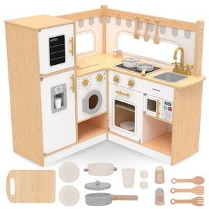 XXXL cocina de esquina interactiva de madera con frigorífico, microondas, horno, lavadora y accesorios - natural