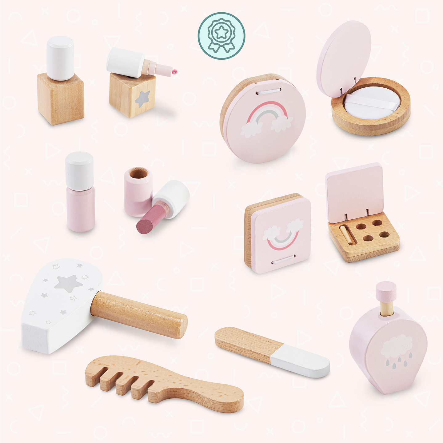 Mini tocador de madera para niños con accesorios e iluminación LED con ajuste suave de brillo.