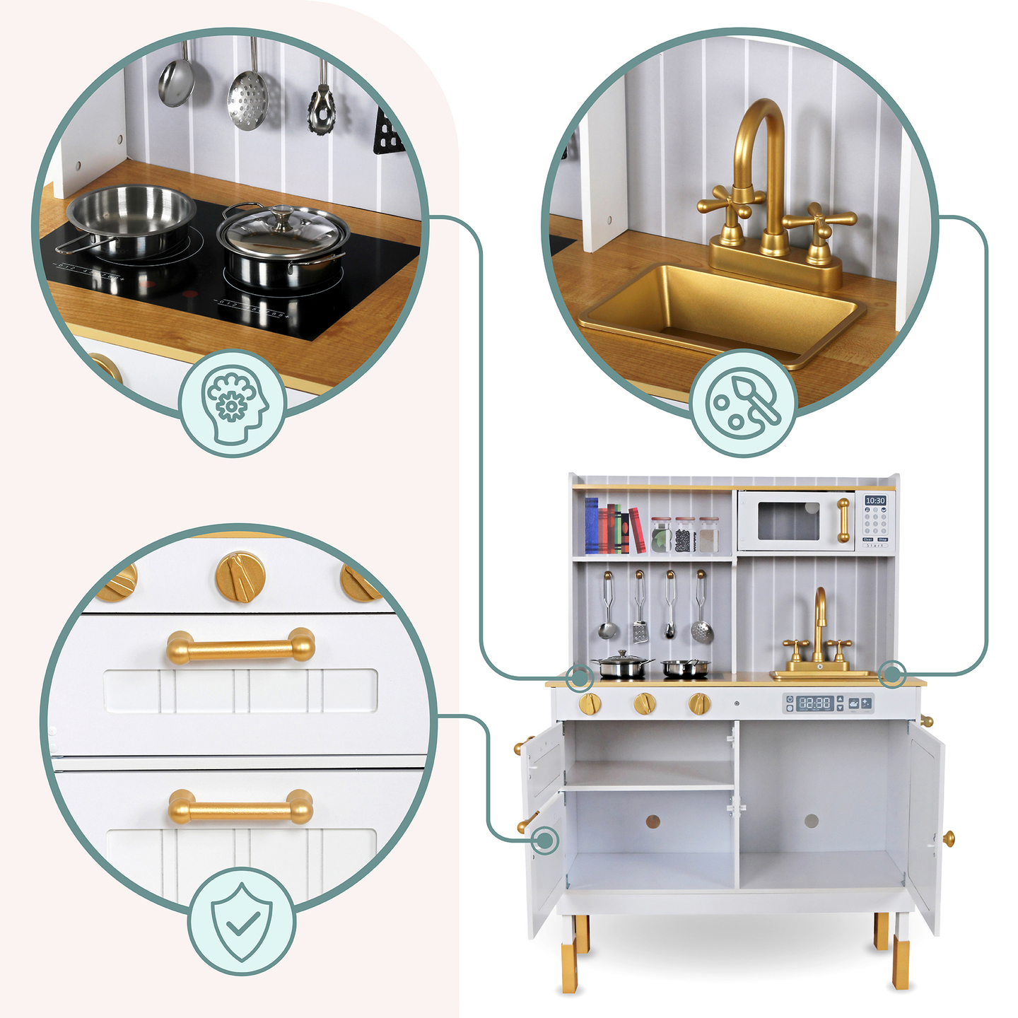 Cocina blanca de madera con accesorios y delantal