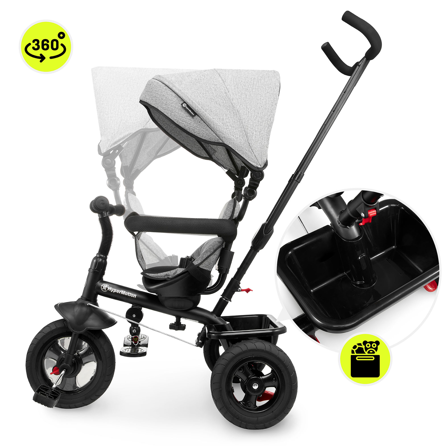 Triciclo para niños de 1 a 4 años - TOBI FREY - color gris - giratorio - ruedas hinchables + empujador