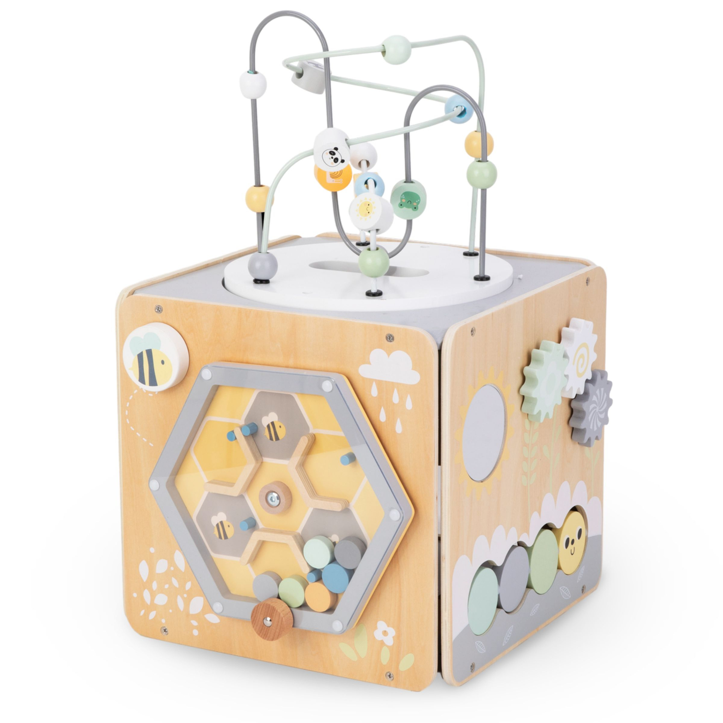 Gran cubo de actividades de madera con bucle - Montessori